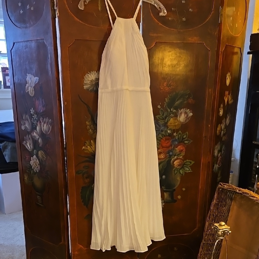 White Pleated Maxi Sundress with Halter Neckline for Bride